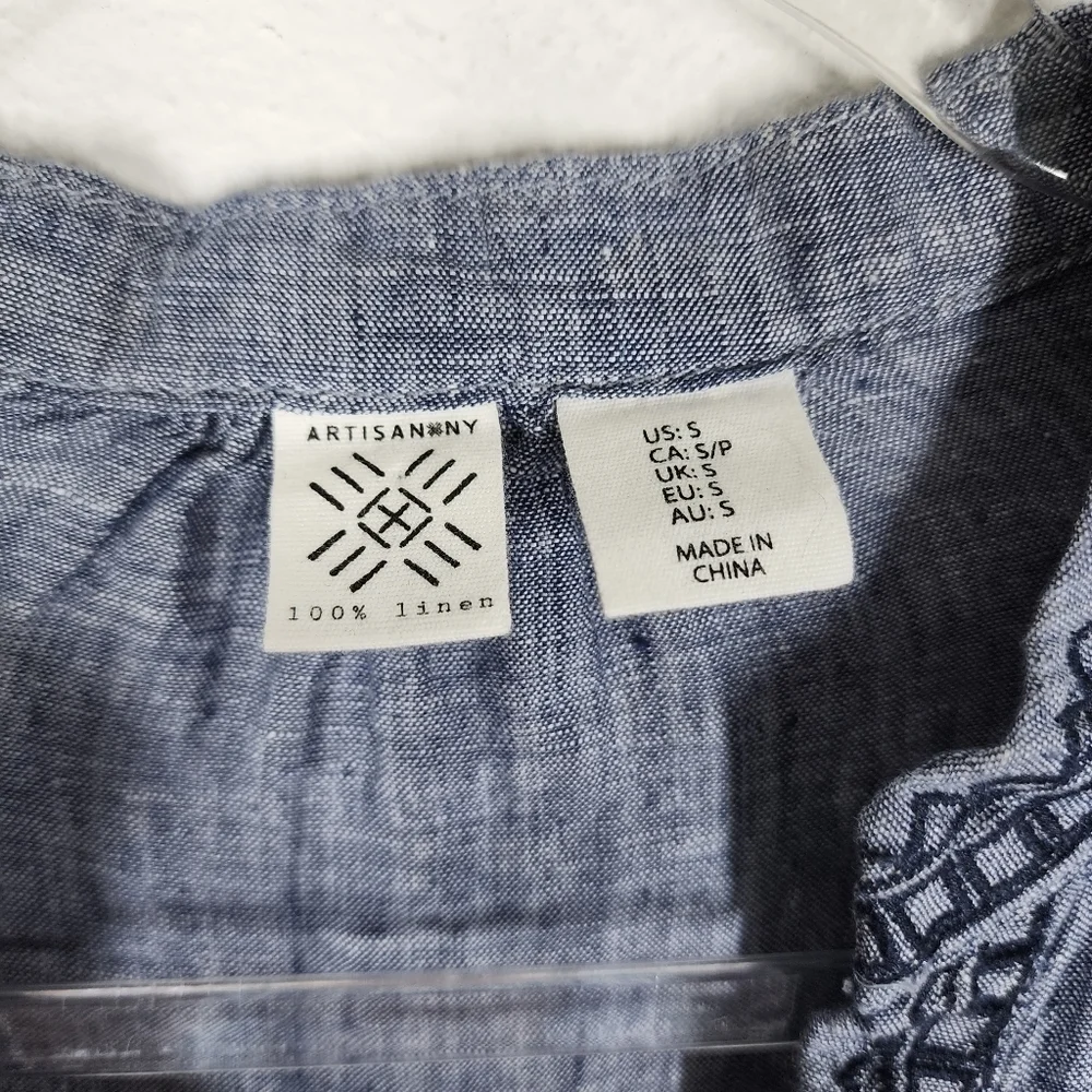 ARTISAN NY 100% LINEN V-NECK ROLL TAB SLEEVE TOP